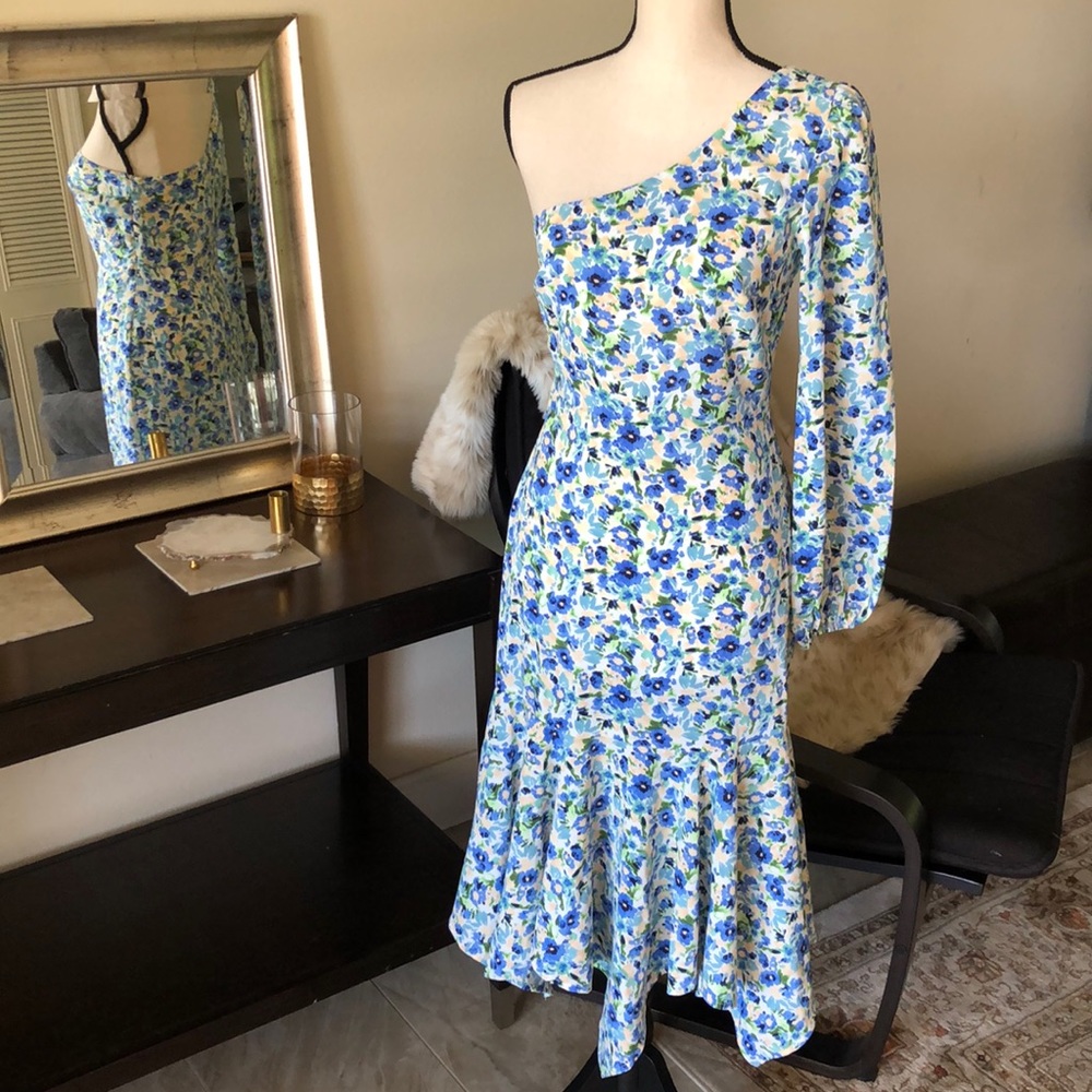 Altar'd State Blue Floral One-Shoulder Midi Dress